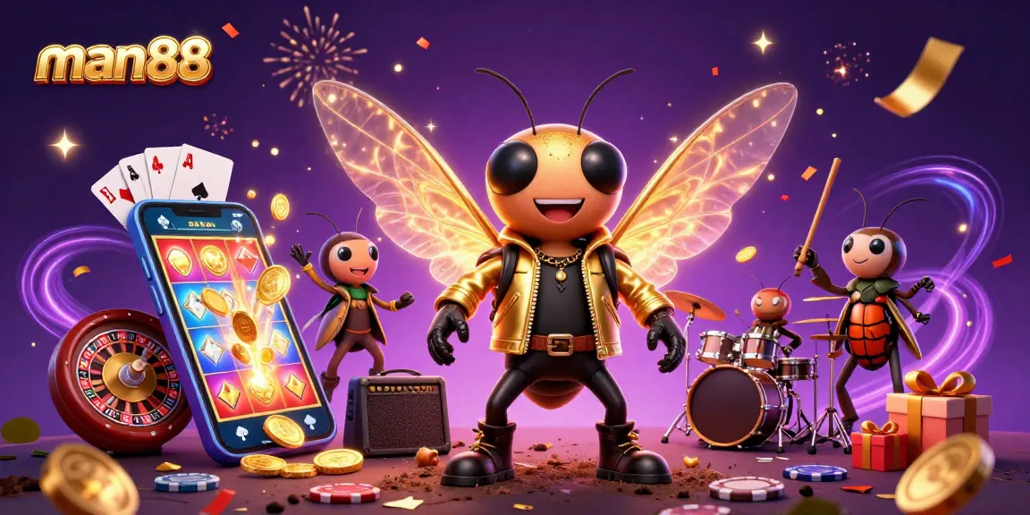 Experience winning with man88 as a stylized rock star engages in vibrant slot game action.