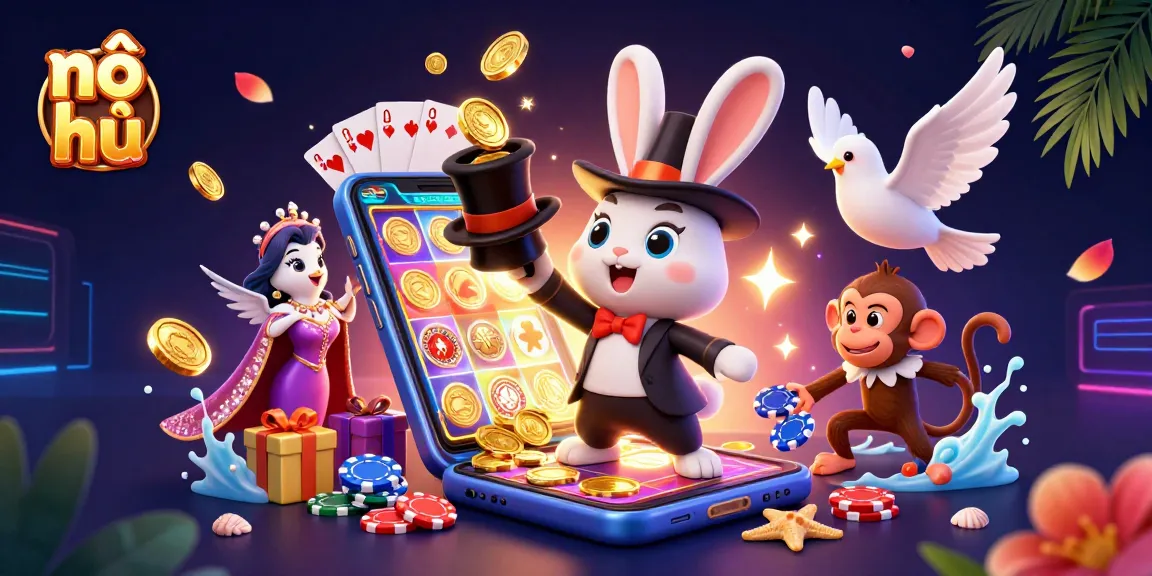 Engage with the excitement of nổ hũ as a magician rabbit conjures coins and a monkey steals poker chips in this vibrant casino scene.