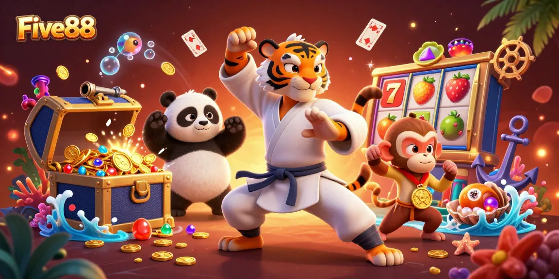 Engage with Five88's vibrant casino world through slots and playful characters in a dynamic illustration.