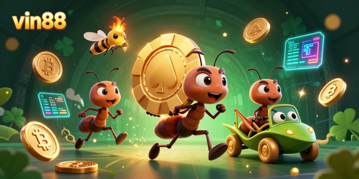 Experience the excitement of vin88 with a heist scene featuring animated ants, a firefly, and a grasshopper in a dynamic casino setting.