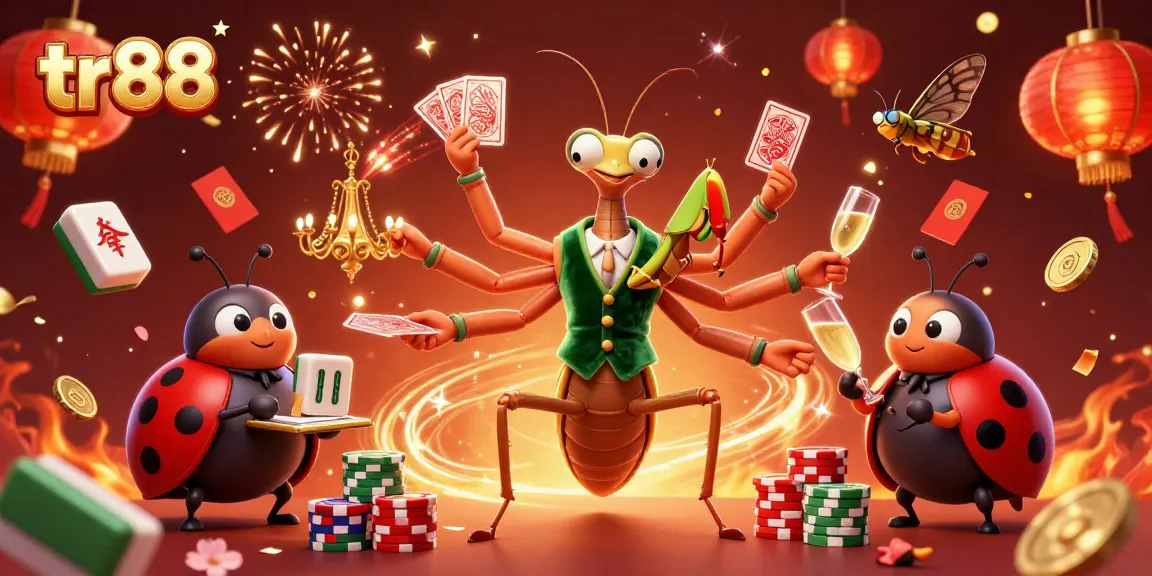 Engage in tr88's thrilling casino experience with a dynamic scene of a mantis card sharp and charming pit boss.