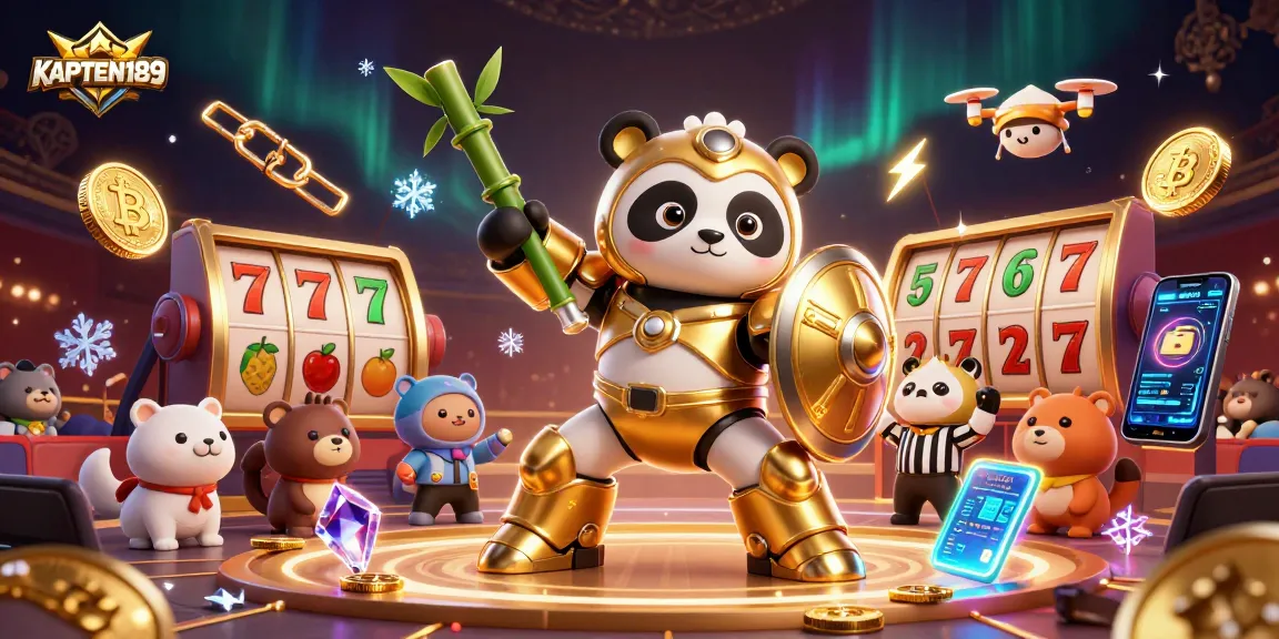 KAPTEN189 menghadirkan suasana taruhan dengan panda emas di arena slot, lengkap dengan koin Bitcoin dan simbol hoki.