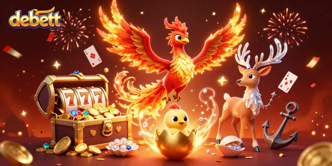 Experience thrilling gameplay at debett with vibrant phoenix and dynamic slot elements in a rich casino illustration.