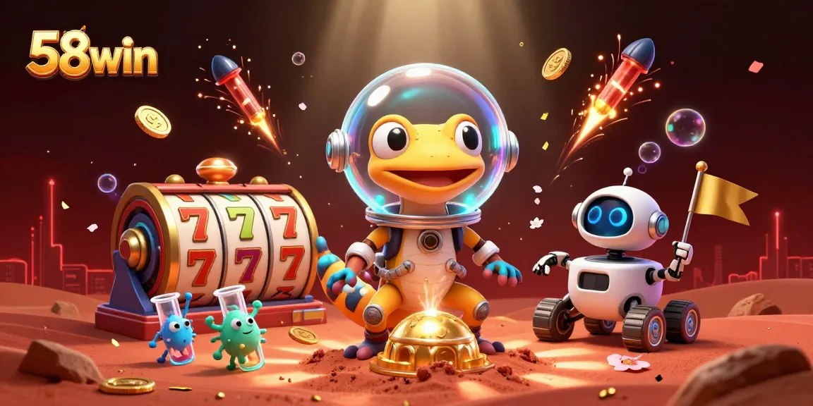 58win Martian gecko explores a golden casino, enhanced with magical elements and slot features.