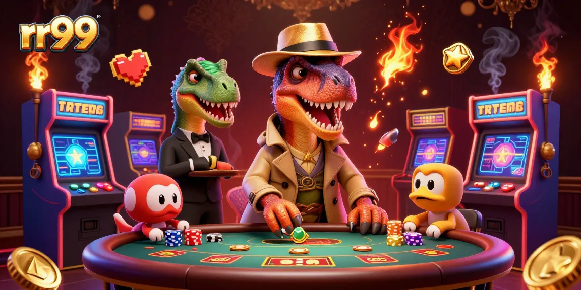 rr99 card counter velociraptor cleverly playing blackjack amidst glowing casino elements