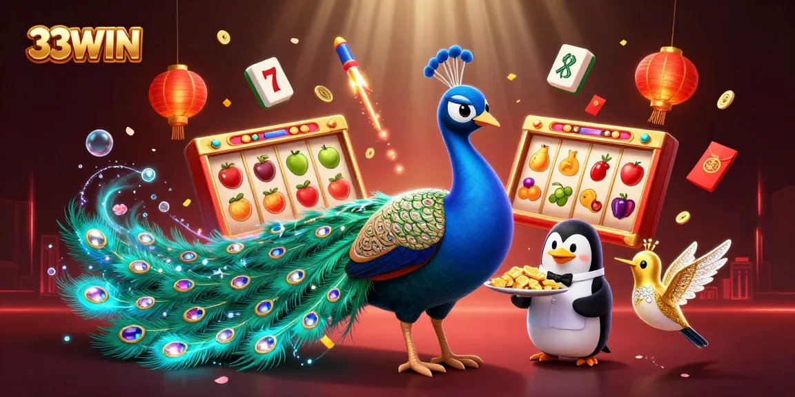 Win big at 33WIN with vibrant slots, gemstones, and festive decor in a lively casino scene.