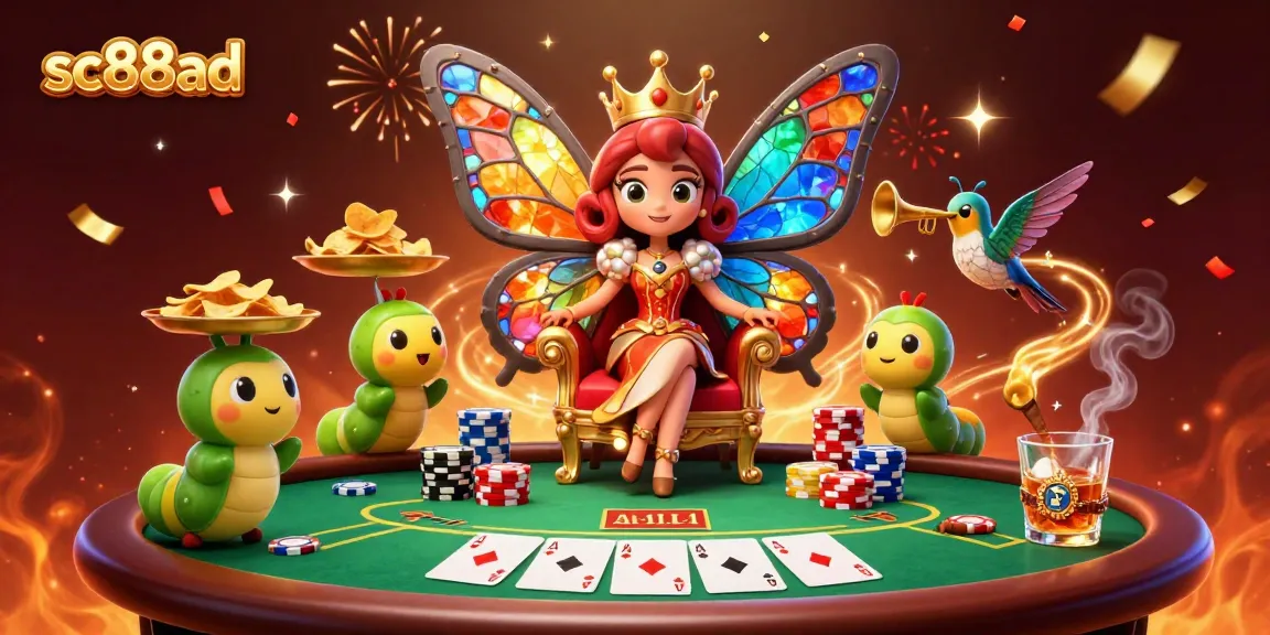 Experience the magic at sc88ad's casino with a vibrant butterfly queen and poker elements.