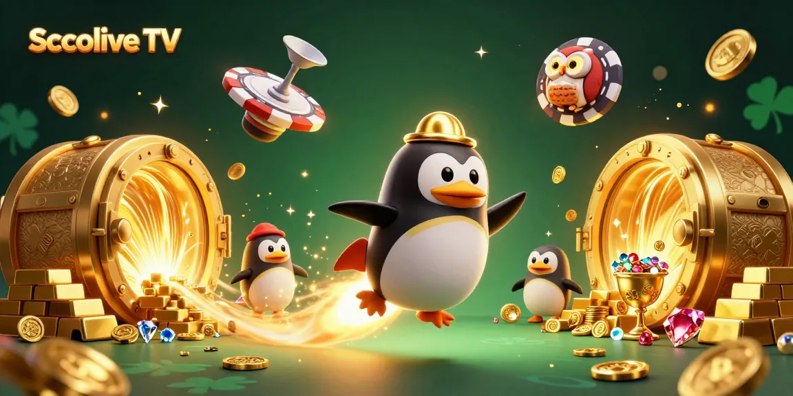 Socolive TV showcases a vibrant illustration of a golden penguin amidst treasure, reflecting exciting casino adventures.