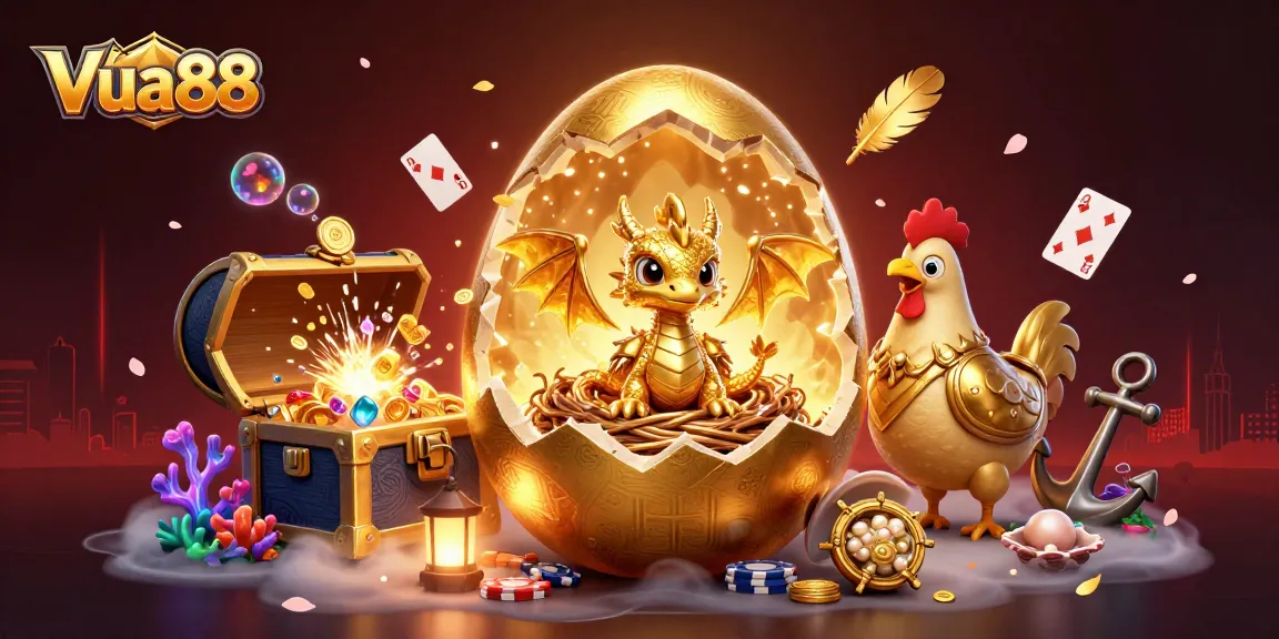 Experience Vua88's vibrant world with dazzling golden dragon and poker chips in an ultra-detailed casino scene.