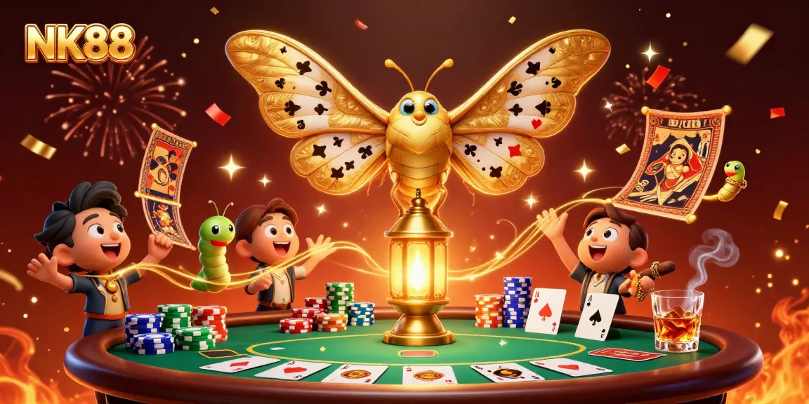 Engage in thrilling poker at NK88 with vibrant 3D elements celebrating casino action.