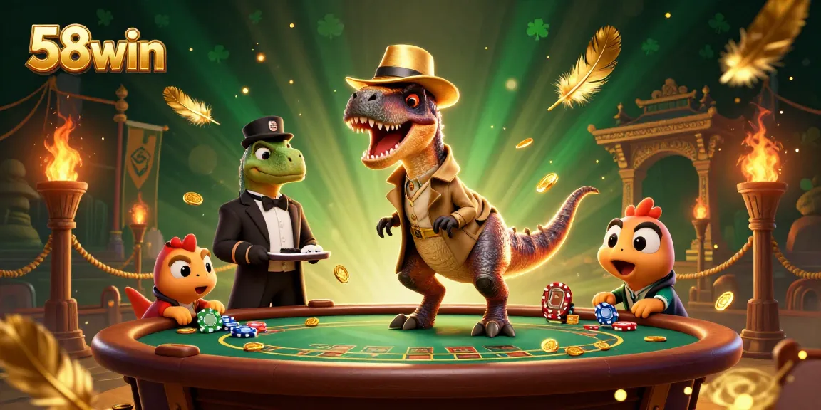 Experience thrilling gameplay at 58win with a cartoon velociraptor counting cards at an exciting blackjack table.