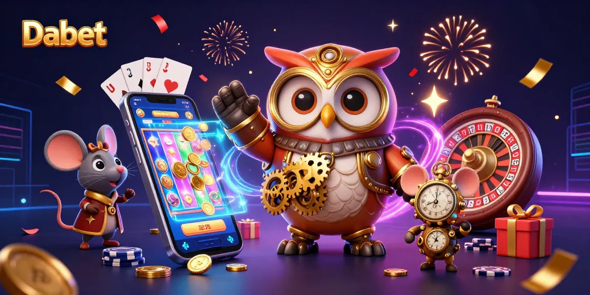 Dabet showcases an energetic slot game experience featuring a time-traveler owl amidst vibrant casino elements.