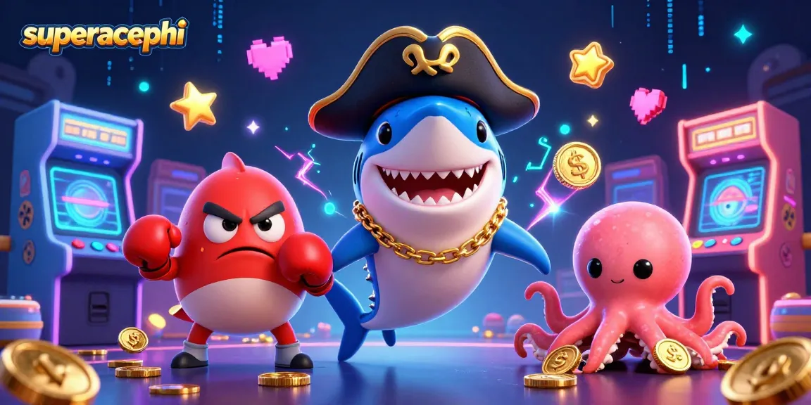 Experience excitement with superacephi in an animated casino scene featuring a pirate shark and a pufferfish.
